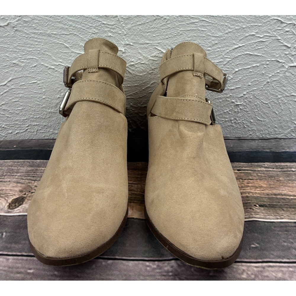 Francesca's Ankle Boots Womens 9 Beige Double Buckle Cutout Block Heel
